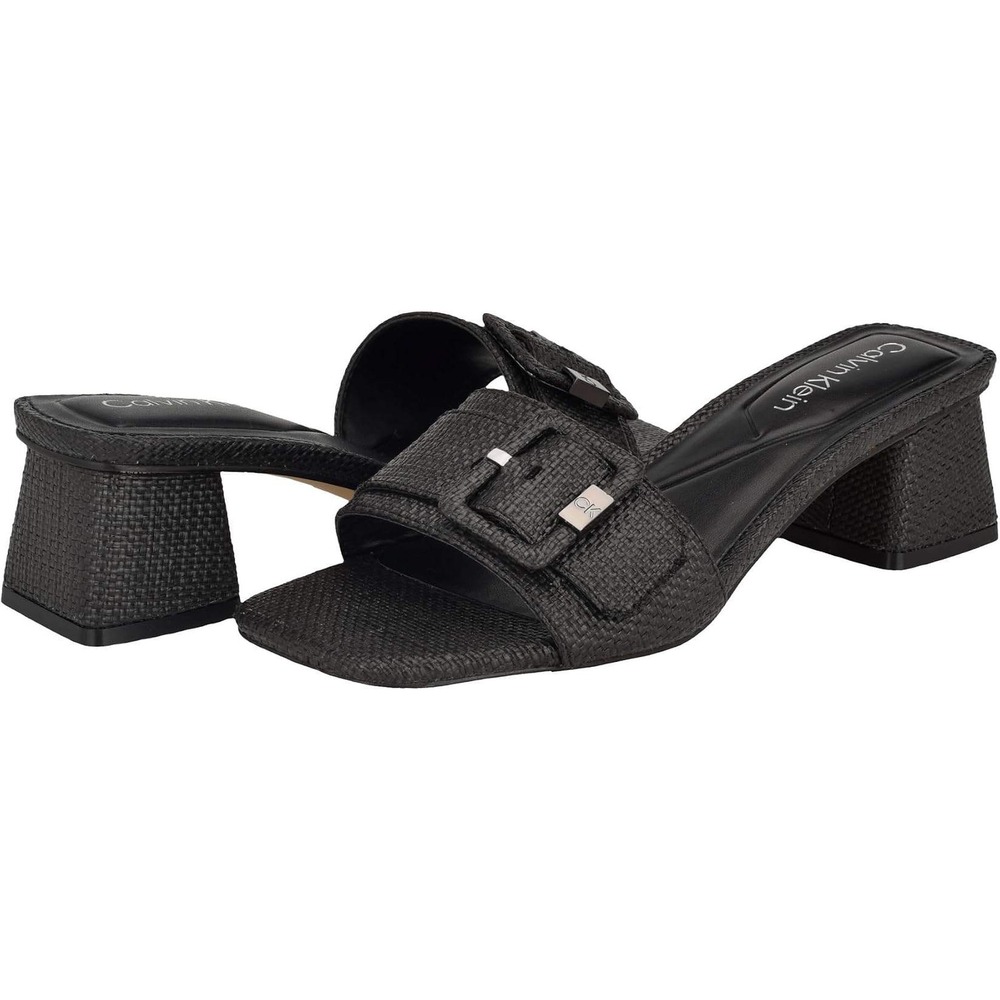 Calvin Klein Tula Black Textured Buckle Square Toe Block Heel Slide Sandals